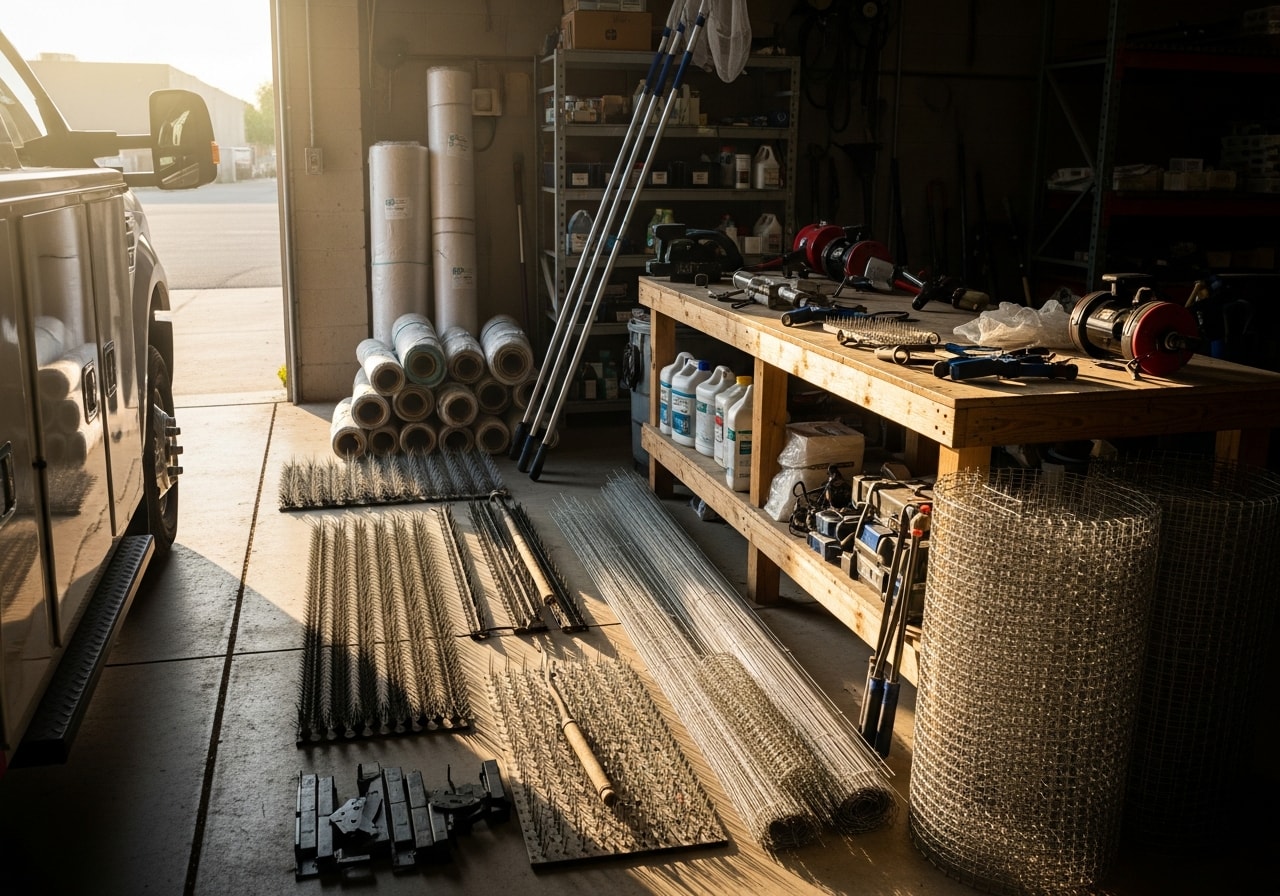Professional pest control technician with equipment and tools ready for pigeon removal and prevention work on residential or commercial property.