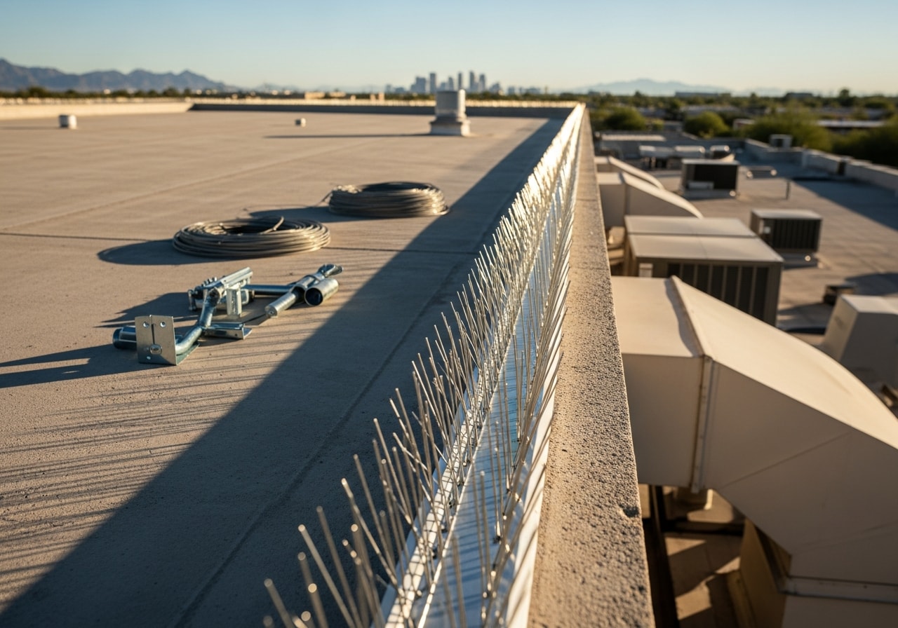 Stainless steel bird spikes installed on commercial building roof in Mesa