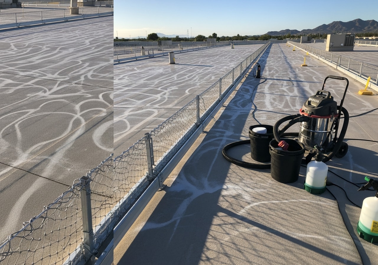 Warehouse roof after professional pigeon dropping removal and sanitation in Mesa
