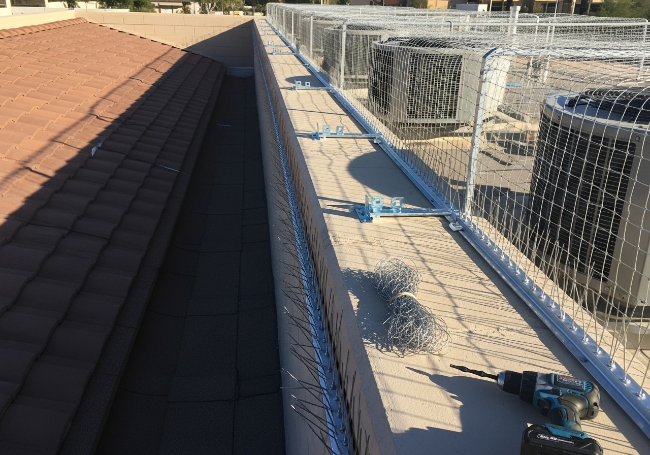 Bird spikes installed along commercial building roof ledge in Phoenix