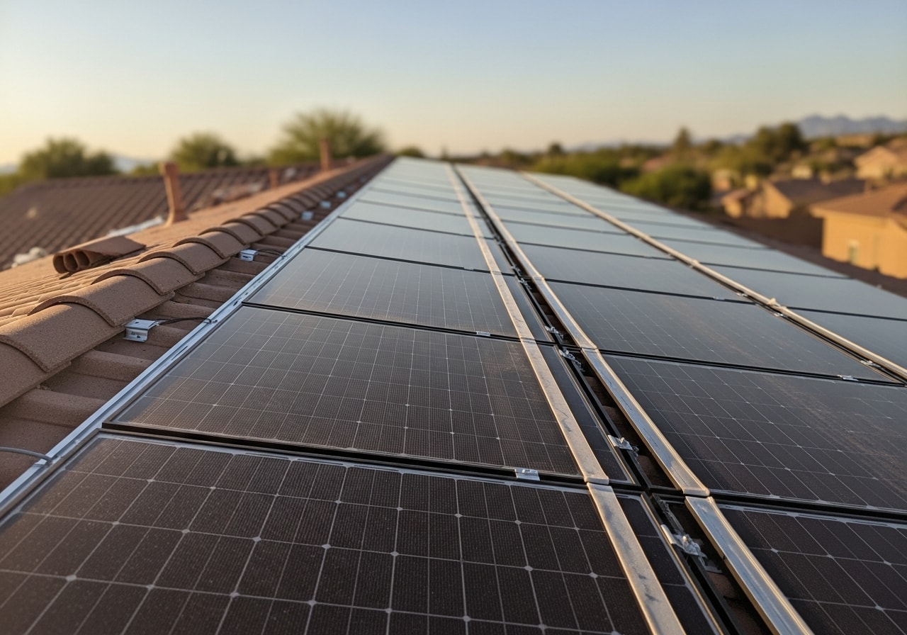 Bird-proof screening installed around residential solar panel array in Gilbert