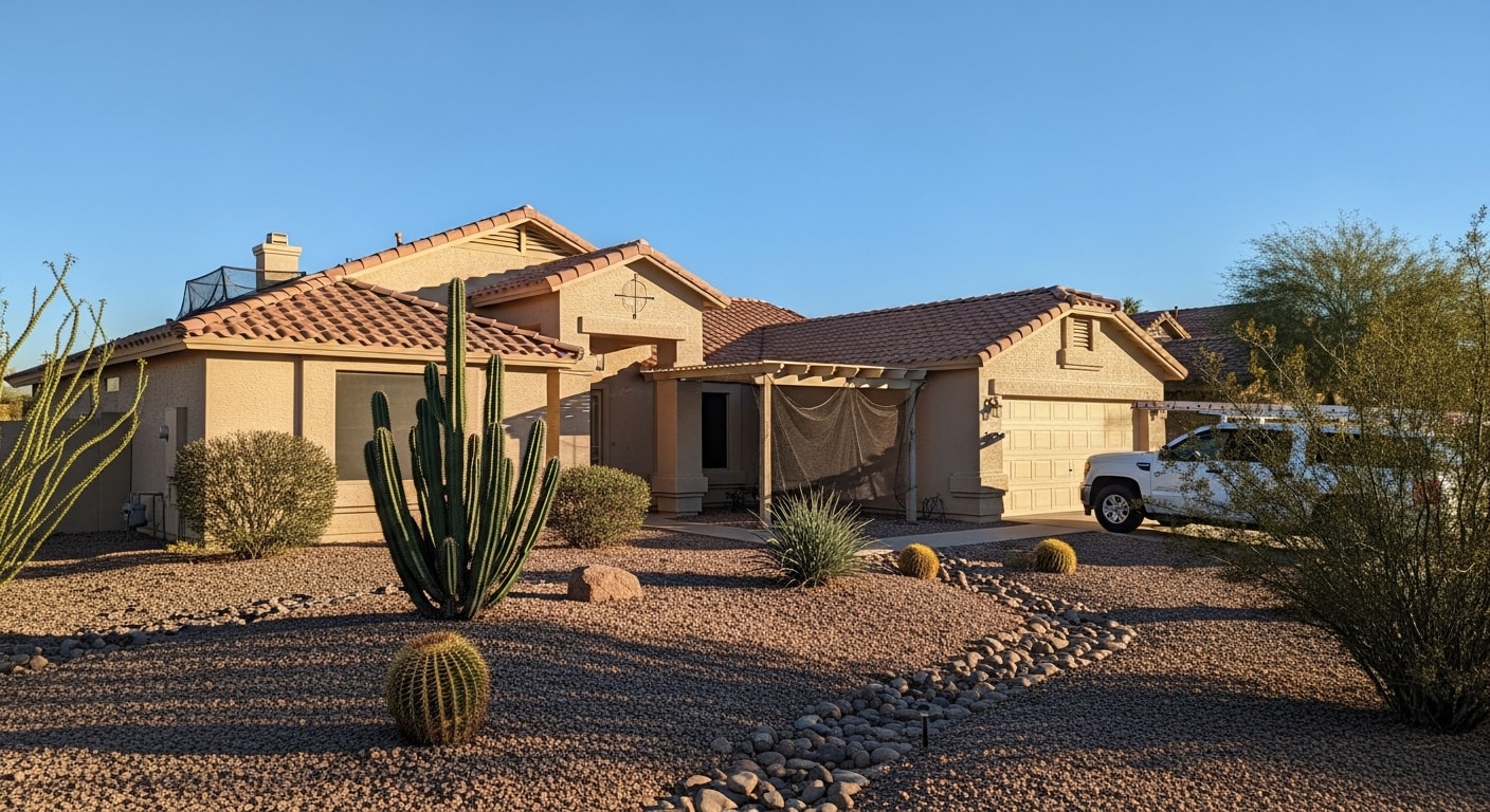 Residential home in Phoenix with desert landscaping and clear blue sky, showing typical Arizona architecture and heat-resistant materials.