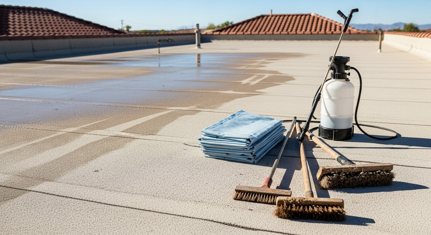 A Phoenix rooftop and surrounding patio area after professional bird dropping cleanup and sanitation, showing clean tile surfaces and cleared ledges with no visible waste or nesting debris. A pest control technician in protective gear is applying disinfectant to a flat foam roof section typical of Phoenix residential construction.