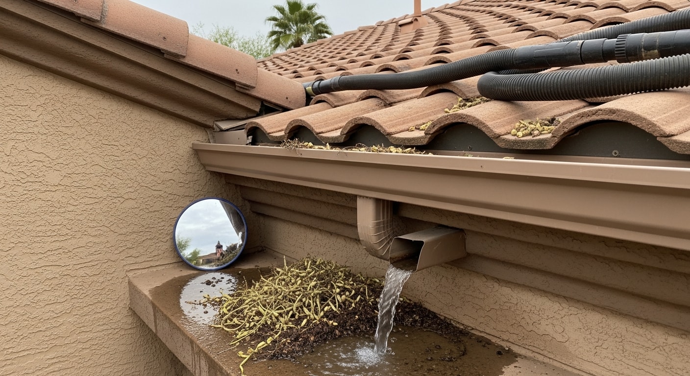 A Phoenix, AZ home downspout being flushed clear of compacted desert debris and palo verde seed pods by a gutter service technician. Water flows freely from the outlet at ground level after cleaning.