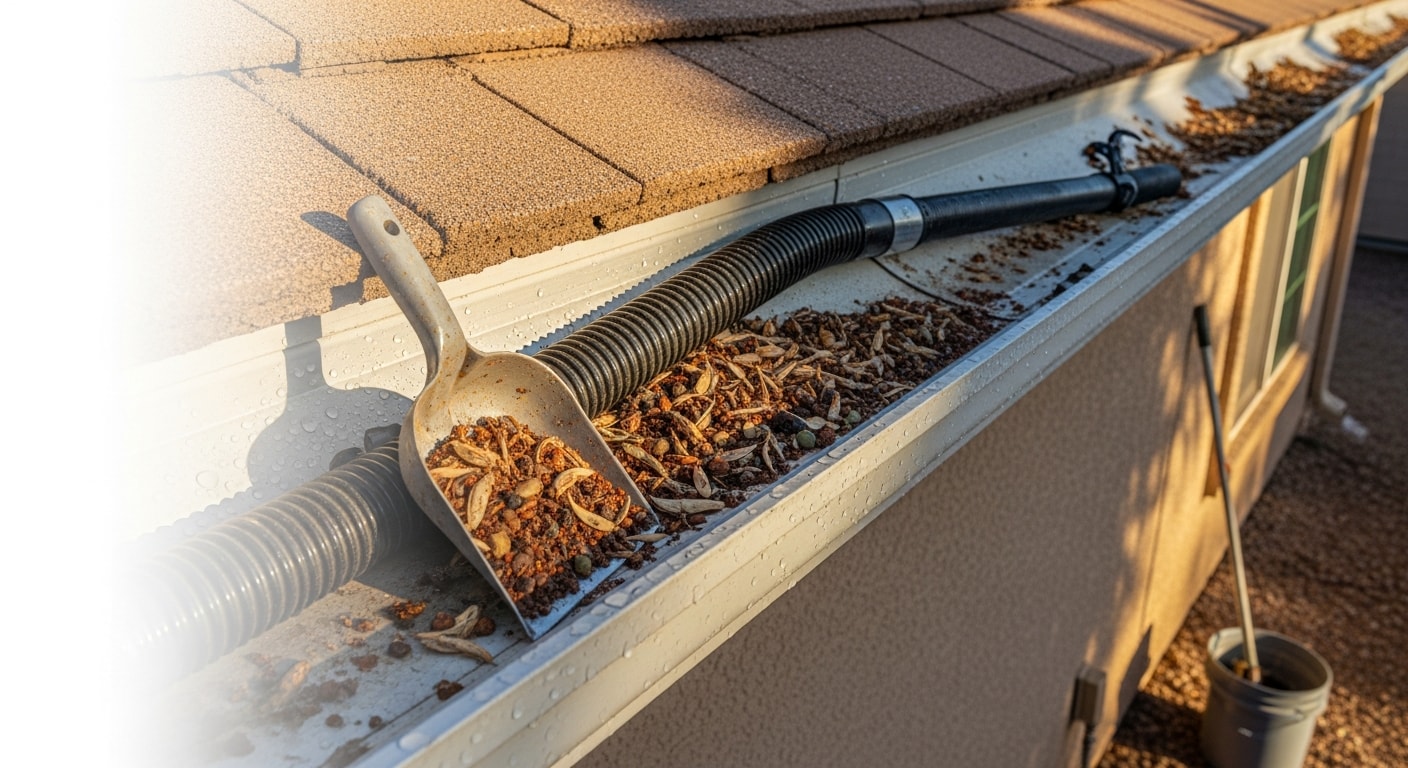 A Phoenix, AZ home gutter channel packed with palo verde seed pods and desert dust being cleared by a gutter cleaning technician on a ladder. The cleaned section shows an open, unobstructed channel ready to drain monsoon season rainfall.