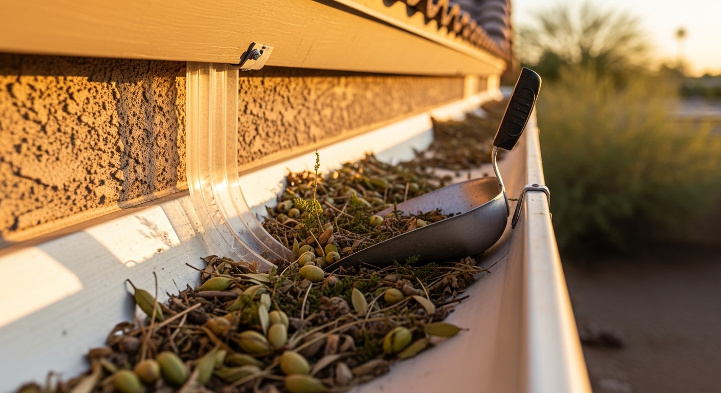 A Phoenix area home's gutters after professional maintenance, showing clean open troughs and clear downspouts free of desert debris and palo verde seed pods. The roofline and stucco exterior are visible in the background under a clear Arizona sky.