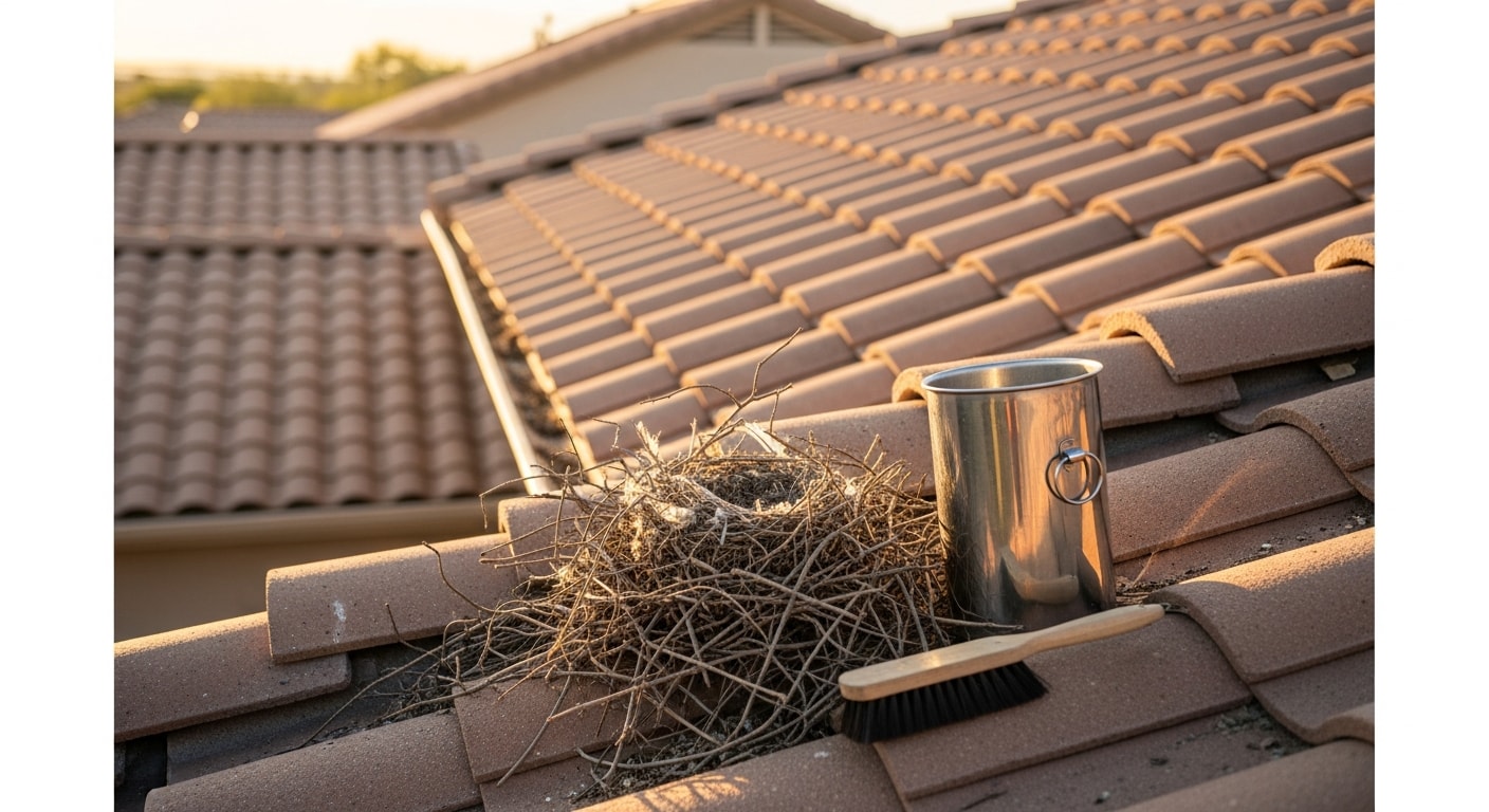 Pile of pigeon nesting material including sticks, feathers, and debris removed from beneath a rooftop solar panel array on a Phoenix home. A technician in protective gear holds a collection bag beside the cleared roof surface.