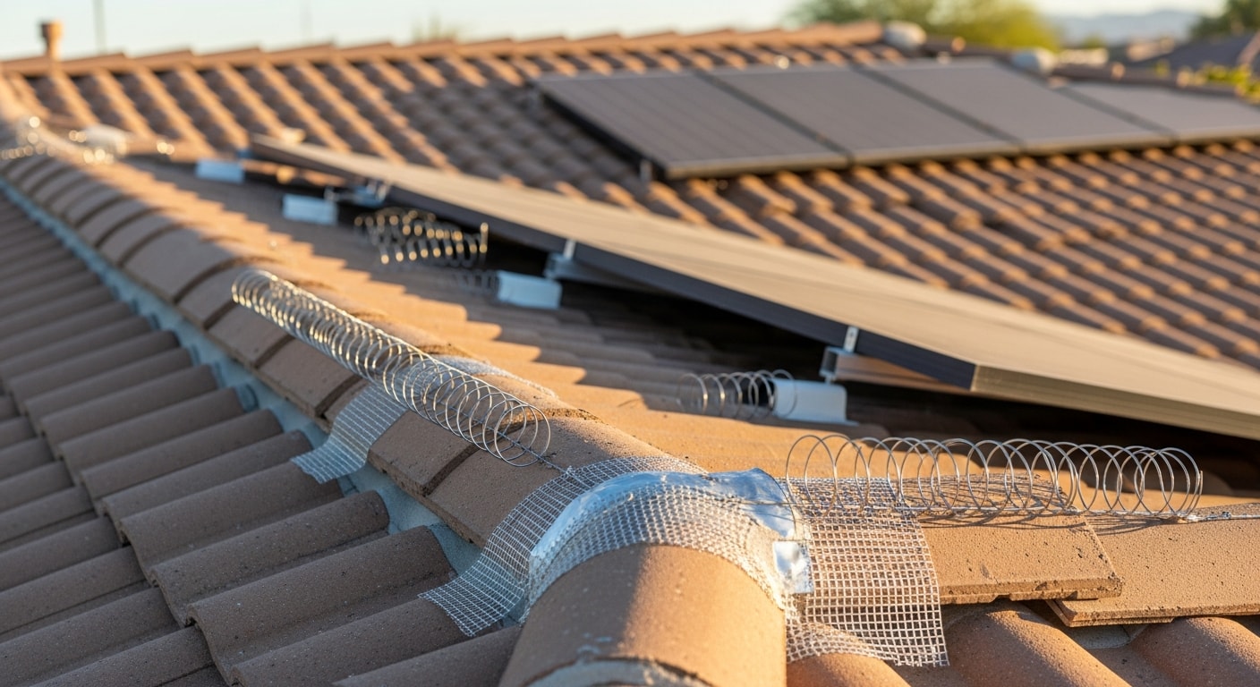 A Phoenix residential rooftop showing exclusion screening installed around solar panel arrays and along roof eaves to block pigeon nesting access. The proofed surfaces are clean and free of droppings or nesting debris.