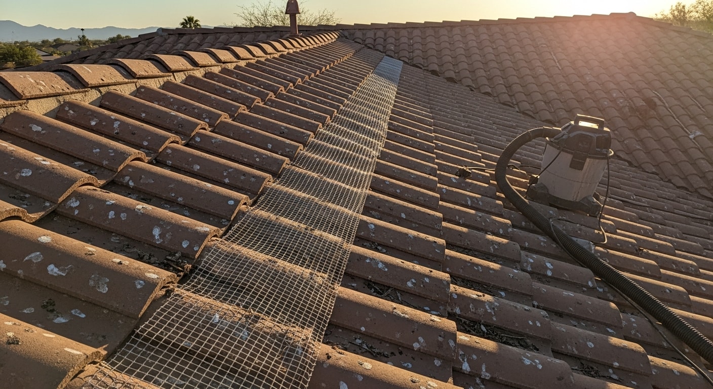 A Phoenix, AZ home roofline after professional pigeon removal, showing clean tile surfaces and installed bird deterrents along the eaves and parapet wall. No nesting material or droppings are visible on the roof or gutters.
