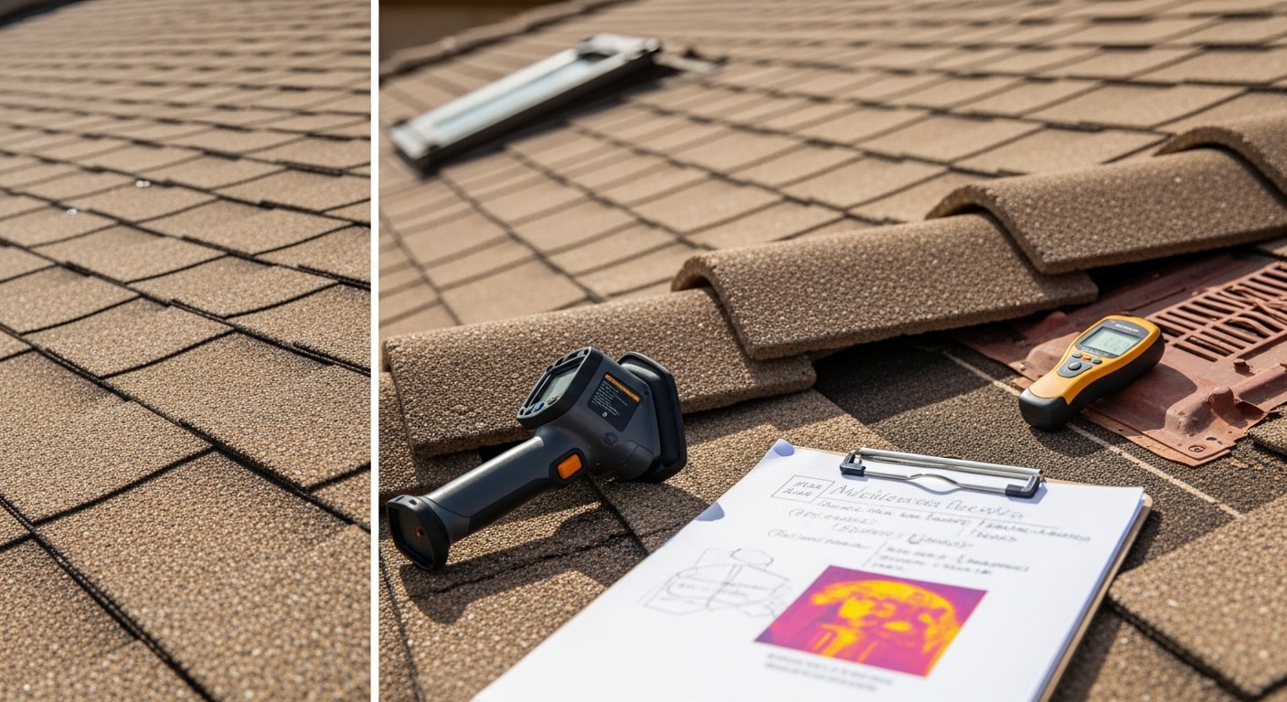 A roofing professional from The Pigeon Wrangler, LLC inspecting cracked tile and lifted flashing on a Phoenix, AZ residential roof following a monsoon storm. Close-up view shows granule loss and damaged sealant around a rooftop vent under a clear Arizona sky.