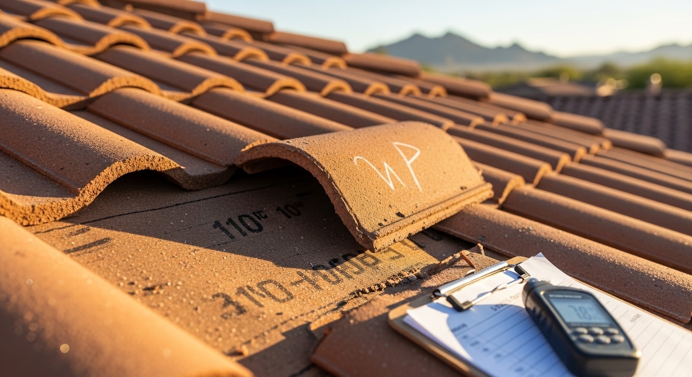 A roofing professional from The Pigeon Wrangler, LLC inspecting tile and flashing condition on a residential roof in Phoenix, AZ. Close-up view shows underlayment and penetration seals being assessed under bright desert sunlight.