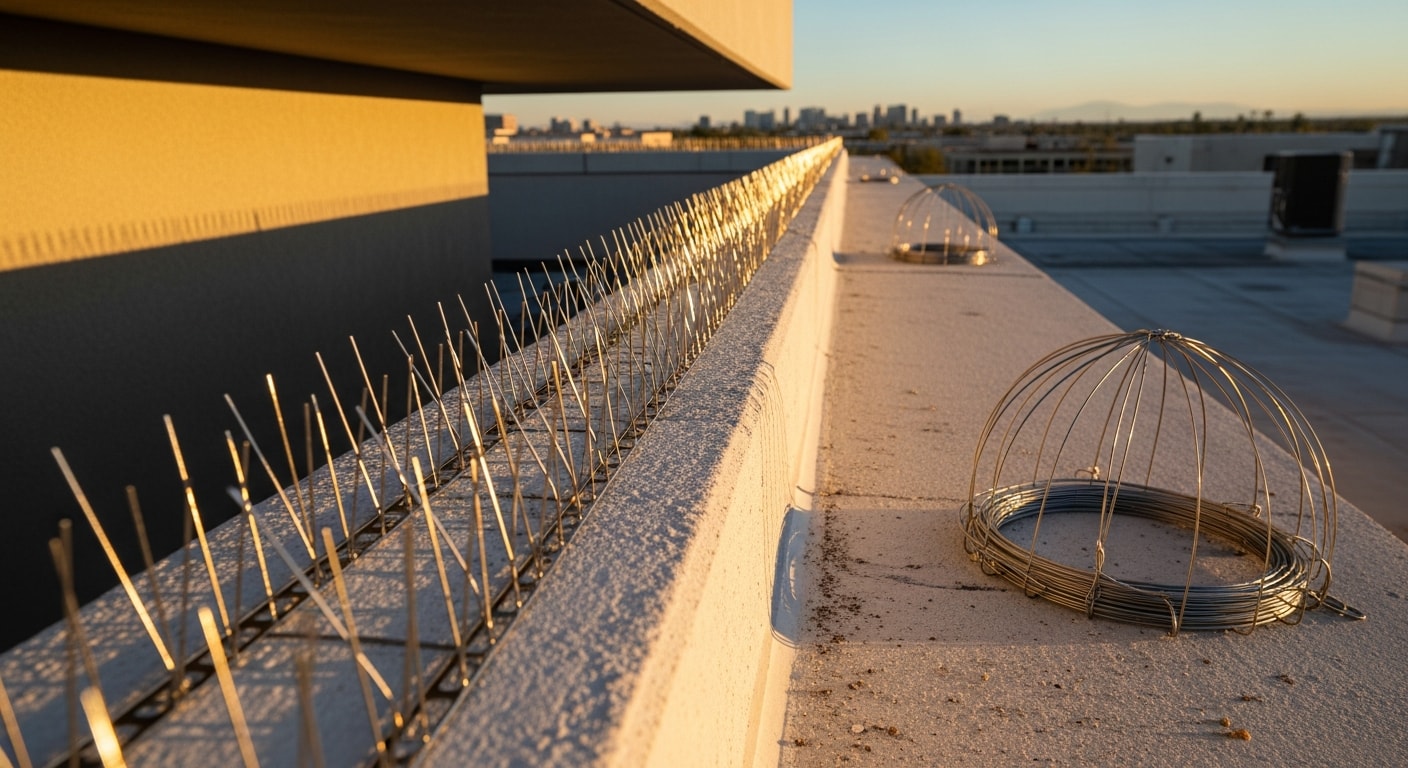 Close-up view of a Phoenix home roofline with pigeon deterrent spikes installed along a flat ledge, showing clean stucco and no bird droppings below. The desert sky and tile roof are visible in the background.