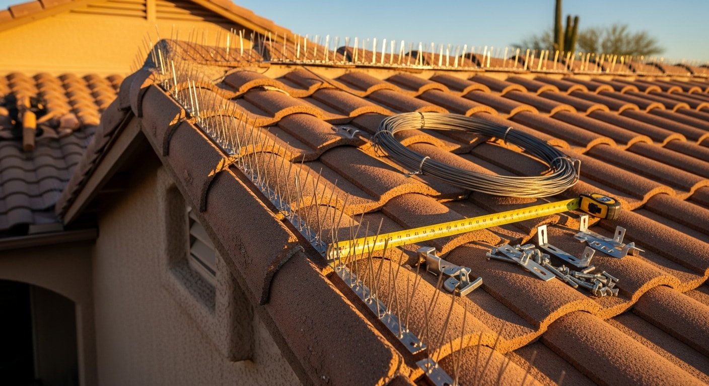 Close-up view of stainless steel bird deterrent spikes installed along the ridge and ledge of a tile roofline on a single-family home in Phoenix, Arizona. The deterrents sit flush against the roofline with no visible pigeon activity or droppings on the treated surfaces.