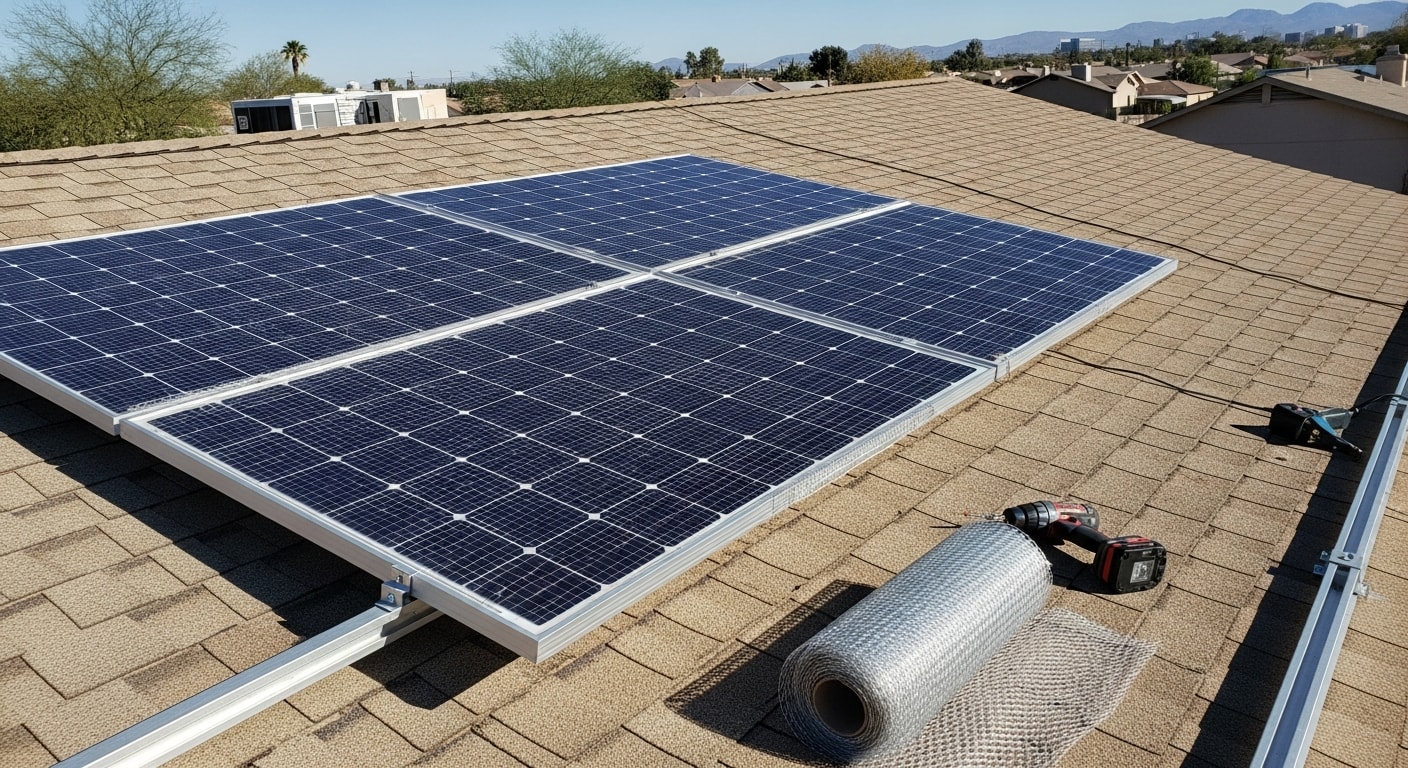 A Phoenix rooftop solar array with a fitted mesh barrier installed around the panel perimeter, blocking the gap between the panels and the roof. Cleaned roof tiles are visible below the array with no visible droppings or nesting debris.